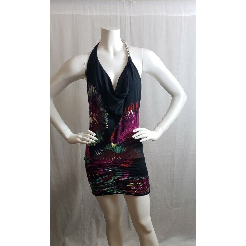 Sky Brand Dress Small Multicolor Floral Cowl Neck Jewel Rhinestone Strap Ruched